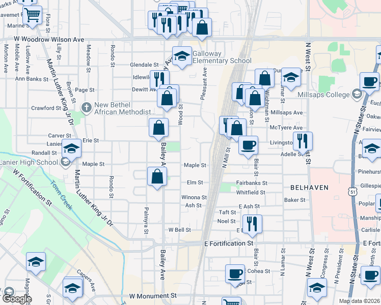 map of restaurants, bars, coffee shops, grocery stores, and more near 157 Erie Court in Jackson