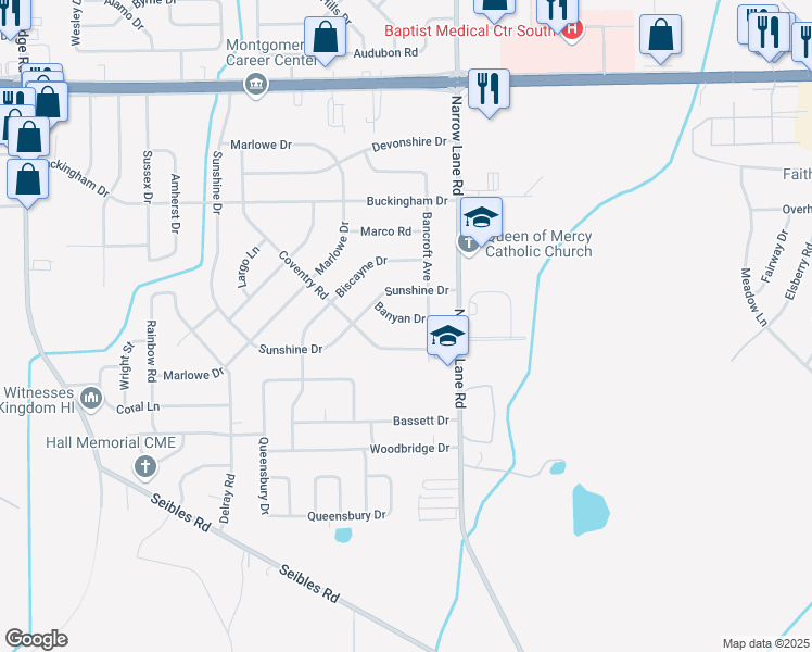 map of restaurants, bars, coffee shops, grocery stores, and more near 4734 Banyan Drive in Montgomery