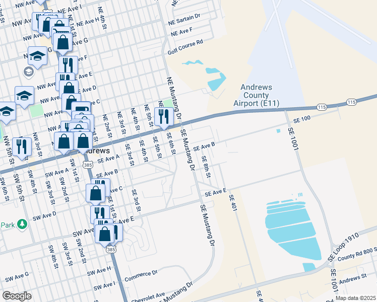 map of restaurants, bars, coffee shops, grocery stores, and more near 801 Southeast Avenue B in Andrews