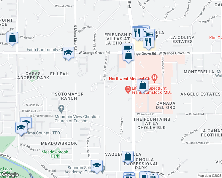 map of restaurants, bars, coffee shops, grocery stores, and more near 6145 Placita San Agustin in Tucson