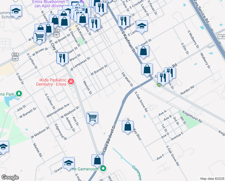 map of restaurants, bars, coffee shops, grocery stores, and more near 301 West Madison Street in Ennis