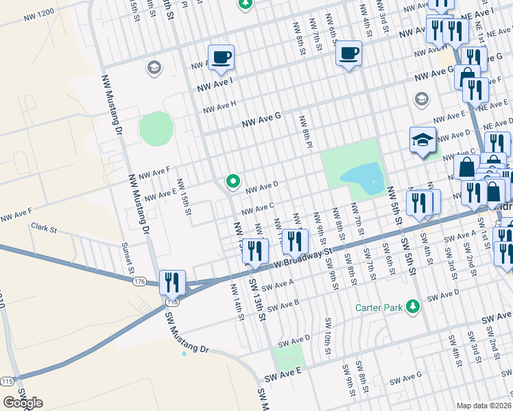 map of restaurants, bars, coffee shops, grocery stores, and more near 401 Northwest 11th Street in Andrews