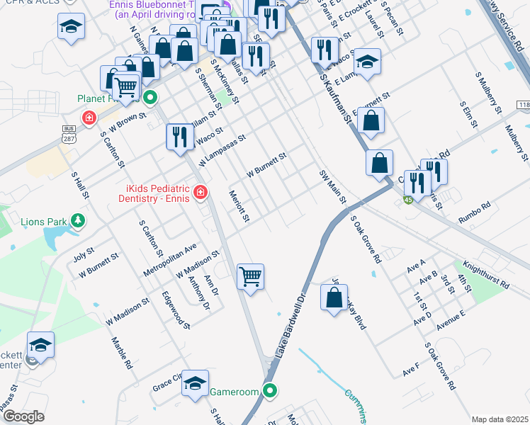 map of restaurants, bars, coffee shops, grocery stores, and more near 910 South Preston Street in Ennis