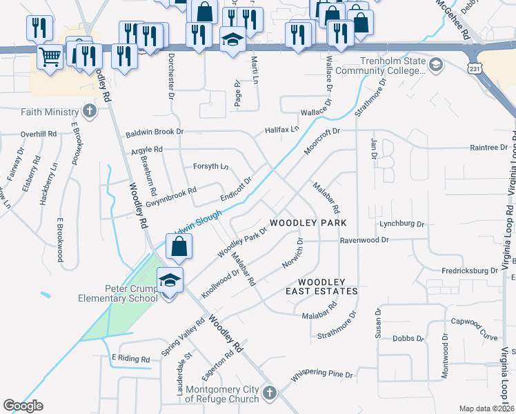 map of restaurants, bars, coffee shops, grocery stores, and more near 2753 Country Brook Drive in Montgomery