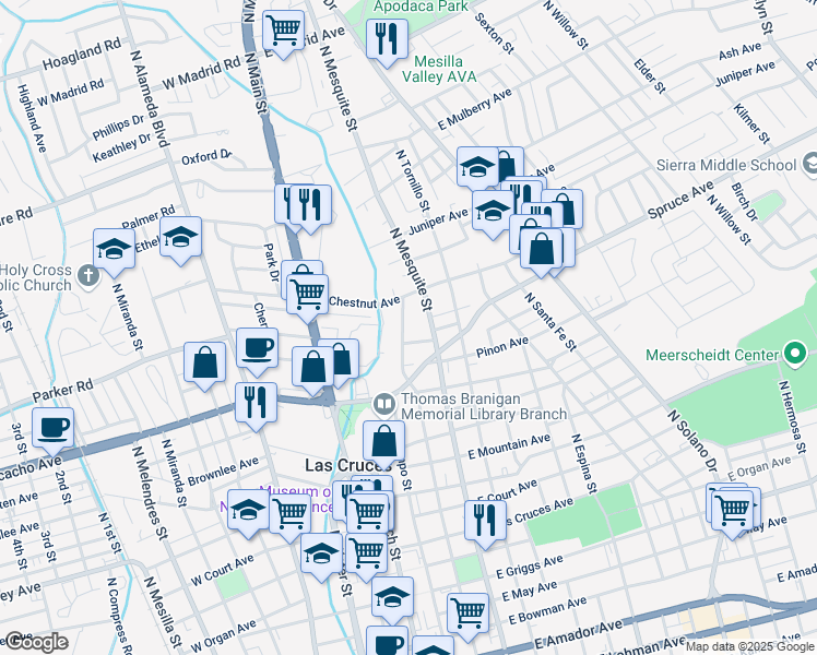 map of restaurants, bars, coffee shops, grocery stores, and more near 1128 North Campo Street in Las Cruces