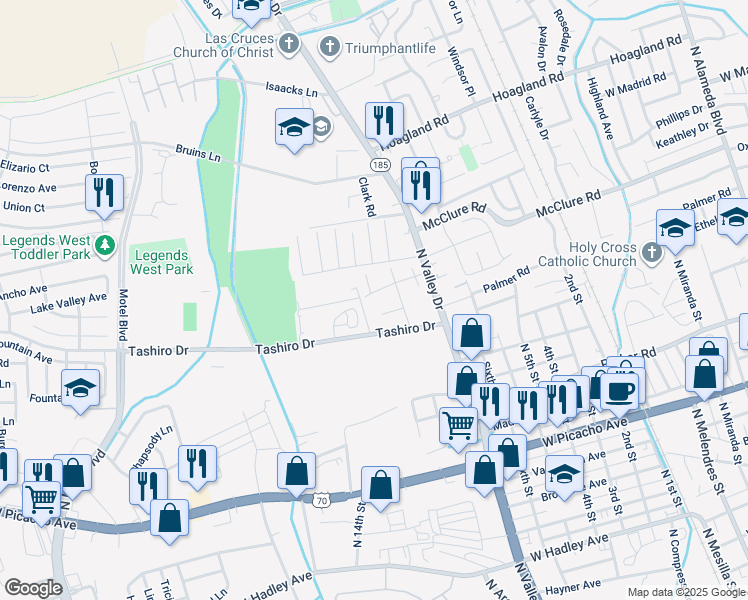 map of restaurants, bars, coffee shops, grocery stores, and more near 1545 Casa Drive in Las Cruces
