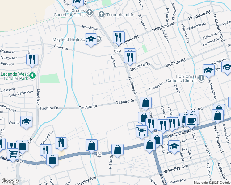 map of restaurants, bars, coffee shops, grocery stores, and more near 1545 Casa Drive in Las Cruces