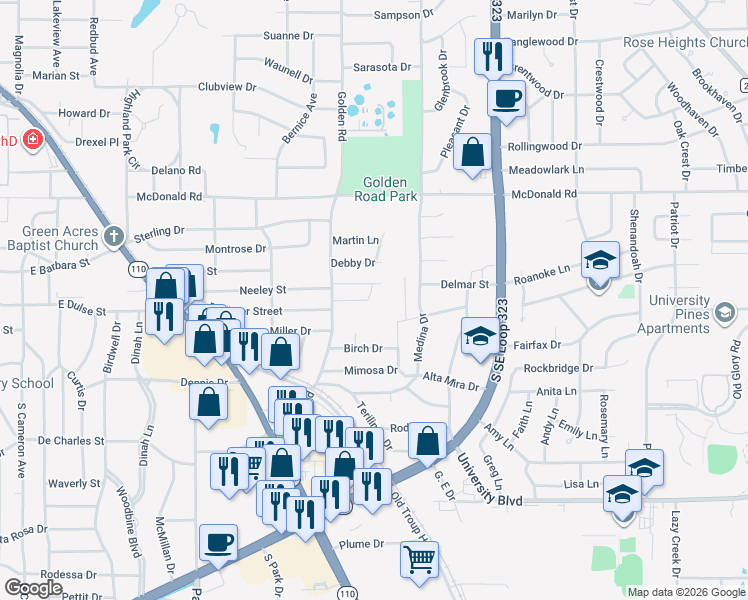 map of restaurants, bars, coffee shops, grocery stores, and more near 2301 Debby Drive in Tyler