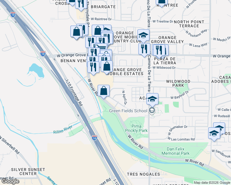 map of restaurants, bars, coffee shops, grocery stores, and more near 3593 West Ethan Crossing Lane in Tucson
