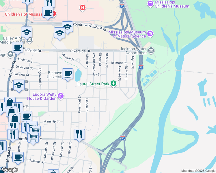 map of restaurants, bars, coffee shops, grocery stores, and more near 1514 Saint Mary Street in Jackson