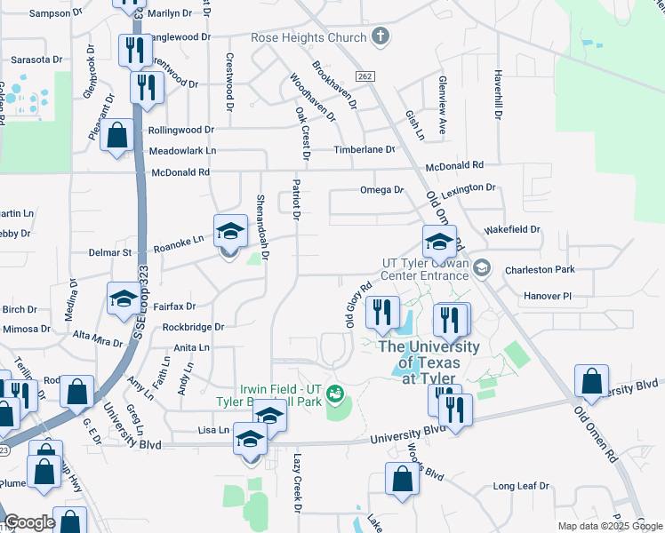 map of restaurants, bars, coffee shops, grocery stores, and more near 3130 Varsity Drive in Tyler