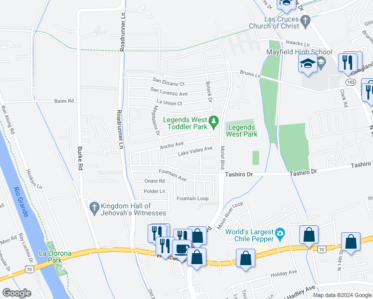 map of restaurants, bars, coffee shops, grocery stores, and more near 2906 Lake Valley Avenue in Las Cruces