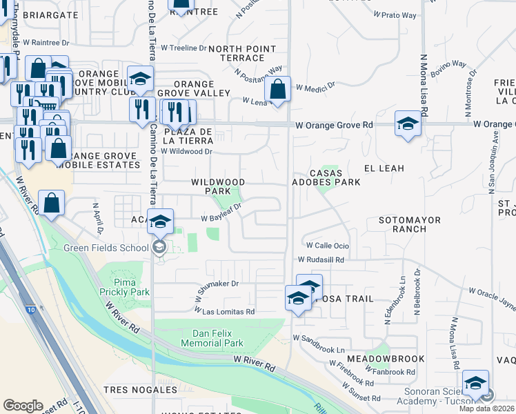 map of restaurants, bars, coffee shops, grocery stores, and more near 2984 West Watercress Drive in Tucson
