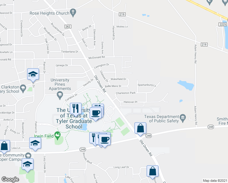 map of restaurants, bars, coffee shops, grocery stores, and more near 3918 Charleston Park in Tyler