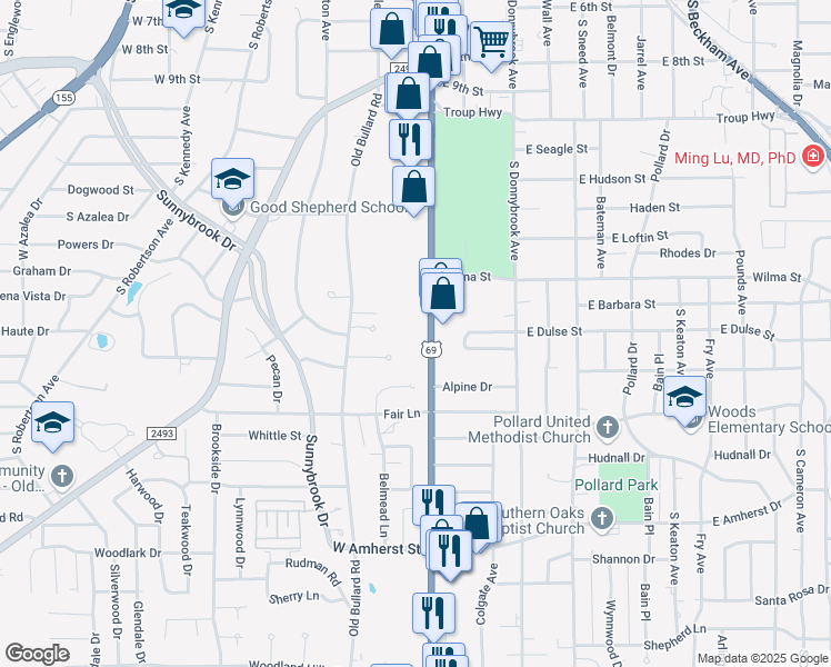 map of restaurants, bars, coffee shops, grocery stores, and more near 2737 South Broadway Avenue in Tyler