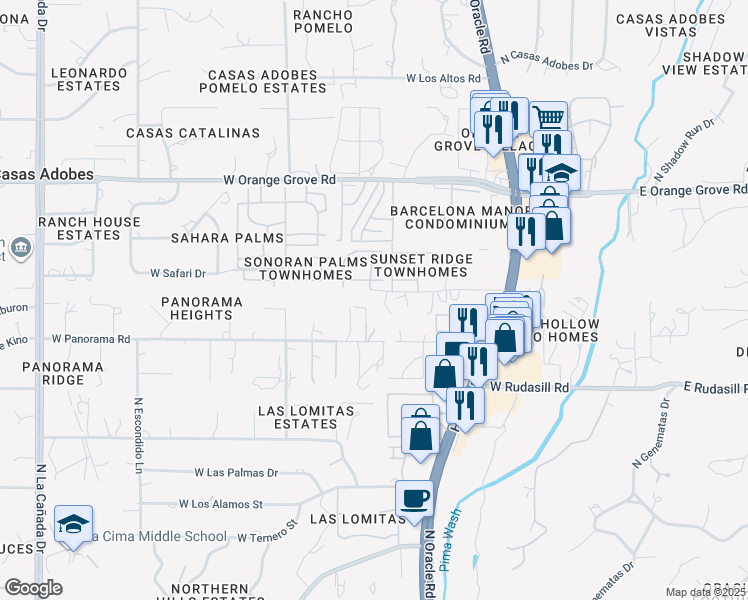 map of restaurants, bars, coffee shops, grocery stores, and more near 717 West Lavery Lane in Tucson