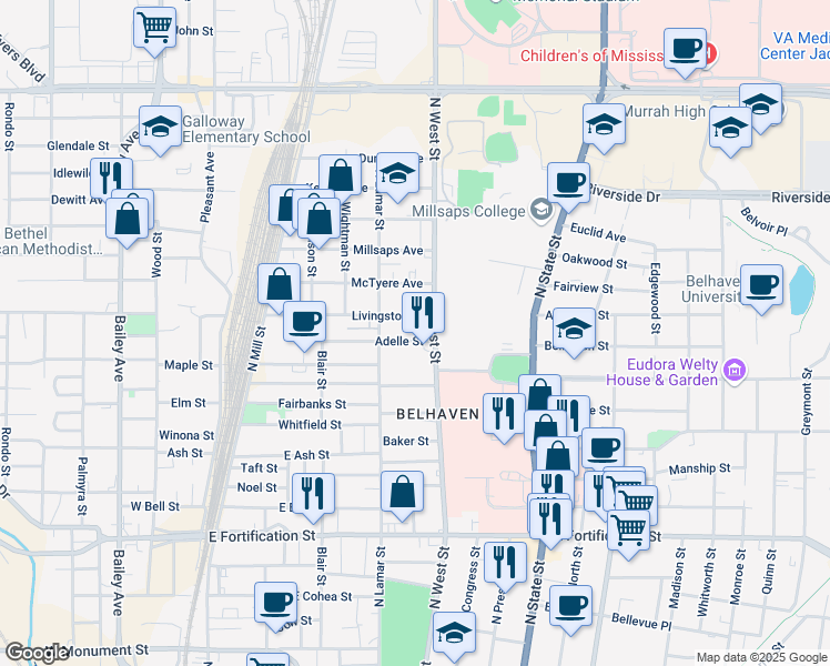 map of restaurants, bars, coffee shops, grocery stores, and more near 340 Adelle Street in Jackson