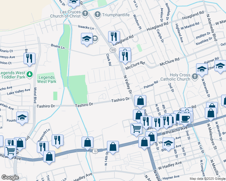 map of restaurants, bars, coffee shops, grocery stores, and more near 1529 Casa Drive in Las Cruces
