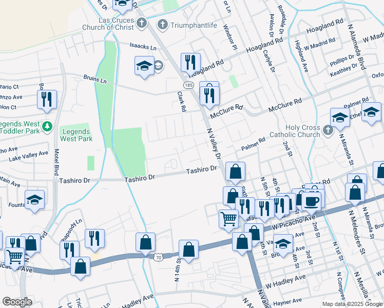 map of restaurants, bars, coffee shops, grocery stores, and more near 1521 Casa Drive in Las Cruces
