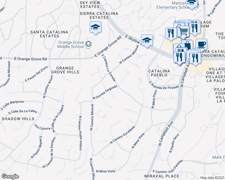 map of restaurants, bars, coffee shops, grocery stores, and more near 2201 East Cerrada Bala in Tucson