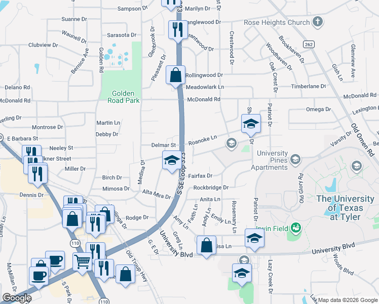 map of restaurants, bars, coffee shops, grocery stores, and more near 2805 Yorktown Drive in Tyler