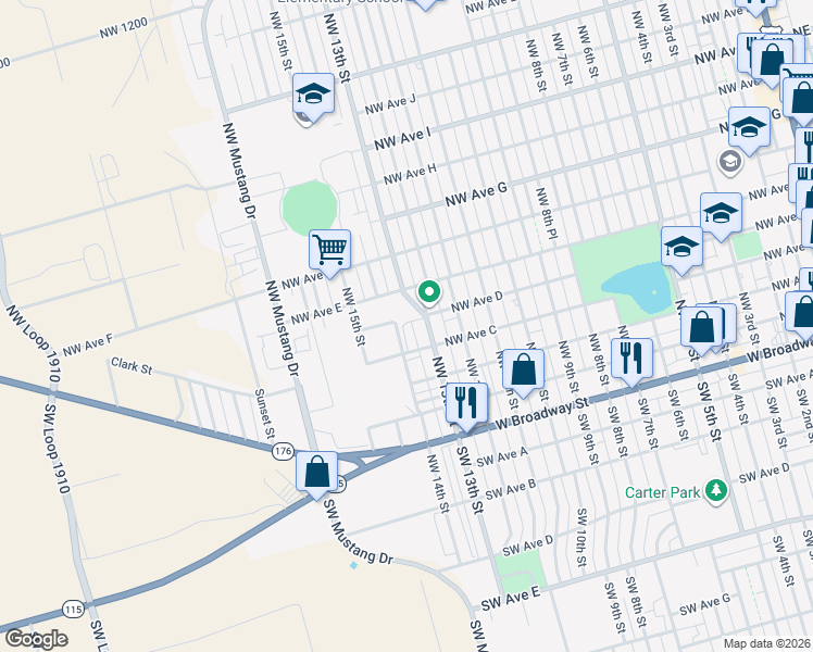map of restaurants, bars, coffee shops, grocery stores, and more near 410 Northwest 14th Street in Andrews