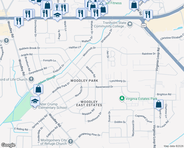 map of restaurants, bars, coffee shops, grocery stores, and more near 4049 Malabar Road in Montgomery