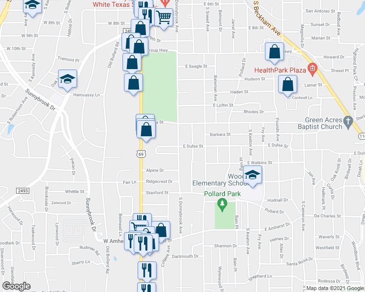 map of restaurants, bars, coffee shops, grocery stores, and more near 408 East Dulse Street in Tyler