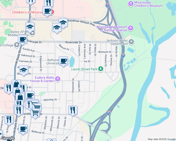 map of restaurants, bars, coffee shops, grocery stores, and more near 1509 Saint Ann Street in Jackson