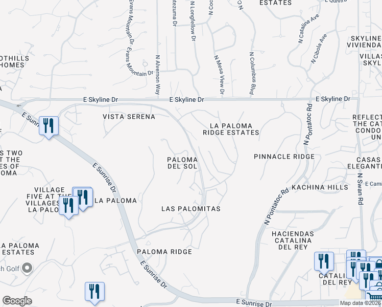 map of restaurants, bars, coffee shops, grocery stores, and more near 6166 North Vía Del Pichon in Tucson