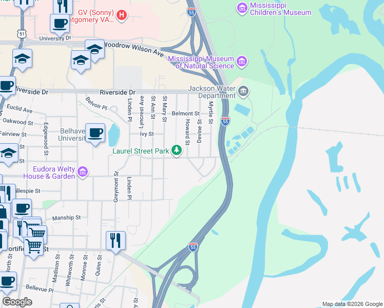 map of restaurants, bars, coffee shops, grocery stores, and more near 1906 Laurel Street in Jackson