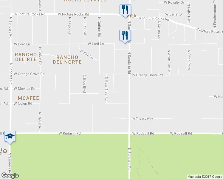 map of restaurants, bars, coffee shops, grocery stores, and more near 6281 North Brushtail Lane in Tucson