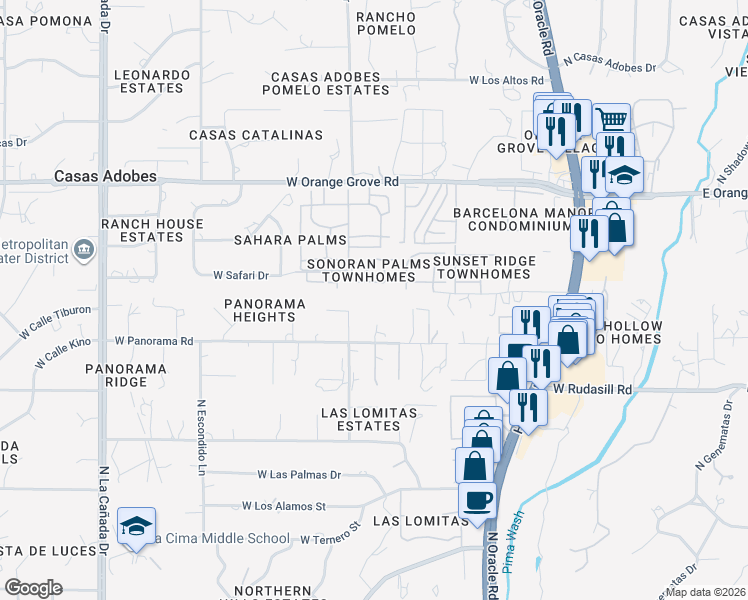 map of restaurants, bars, coffee shops, grocery stores, and more near 6180 North Pete Dawson Road in Tucson