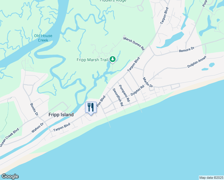 map of restaurants, bars, coffee shops, grocery stores, and more near 701 Swordfish Road in Fripp Island