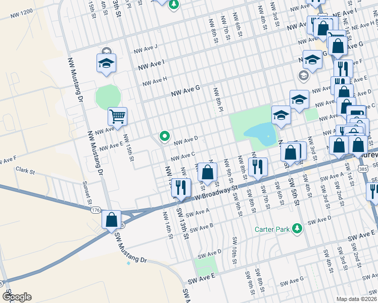 map of restaurants, bars, coffee shops, grocery stores, and more near 401 Northwest 11th Street in Andrews