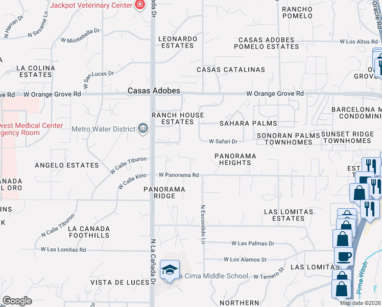 map of restaurants, bars, coffee shops, grocery stores, and more near 1250 West Panorama Road in Tucson