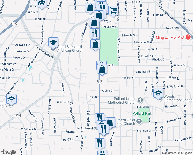 map of restaurants, bars, coffee shops, grocery stores, and more near 2737 South Broadway Avenue in Tyler