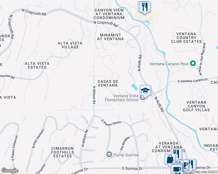 map of restaurants, bars, coffee shops, grocery stores, and more near 6381 East Calle Cavillo in Tucson