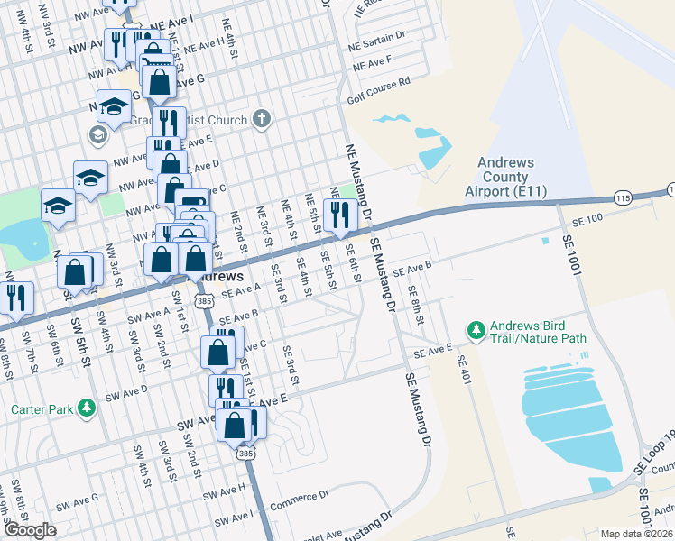 map of restaurants, bars, coffee shops, grocery stores, and more near 201 Southeast 5th Street in Andrews