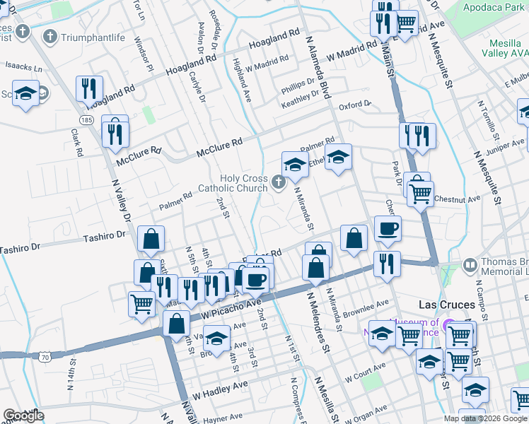 map of restaurants, bars, coffee shops, grocery stores, and more near 1315 North Mesilla Street in Las Cruces