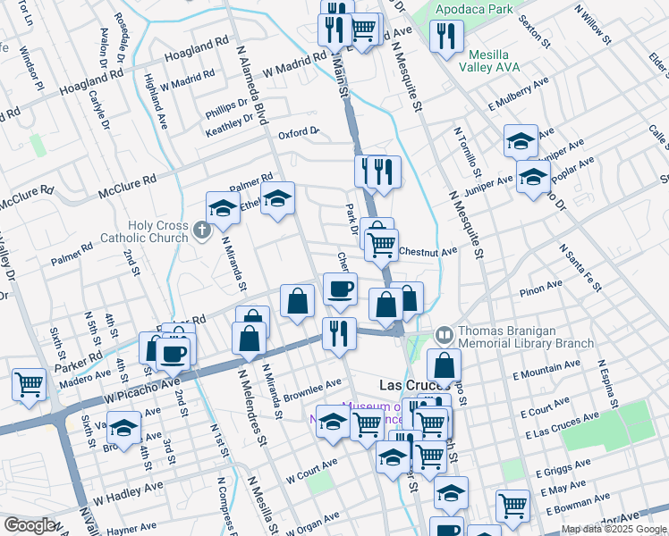 map of restaurants, bars, coffee shops, grocery stores, and more near 222 West Greening Avenue in Las Cruces