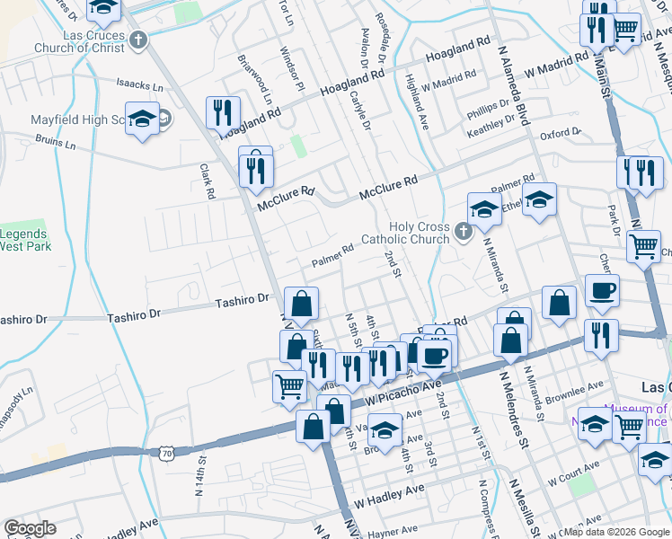 map of restaurants, bars, coffee shops, grocery stores, and more near 1200 West Ethel Avenue in Las Cruces