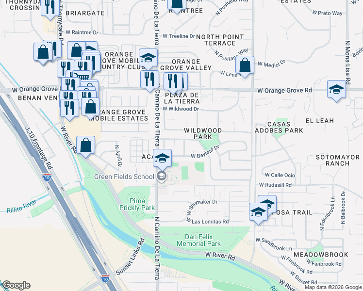 map of restaurants, bars, coffee shops, grocery stores, and more near 6161 North Tarragon Avenue in Tucson