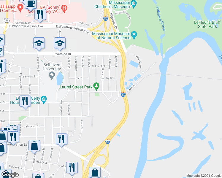 map of restaurants, bars, coffee shops, grocery stores, and more near 1510 Devine Street in Jackson