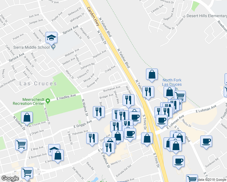 map of restaurants, bars, coffee shops, grocery stores, and more near 1862 Buchanan Avenue in Las Cruces