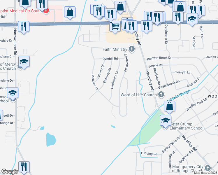 map of restaurants, bars, coffee shops, grocery stores, and more near 3264 Hackberry Lane in Montgomery