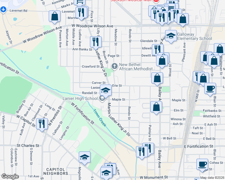 map of restaurants, bars, coffee shops, grocery stores, and more near 722 Randall Street in Jackson