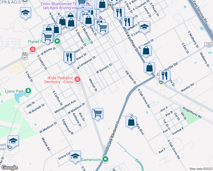 map of restaurants, bars, coffee shops, grocery stores, and more near 910 South Preston Street in Ennis