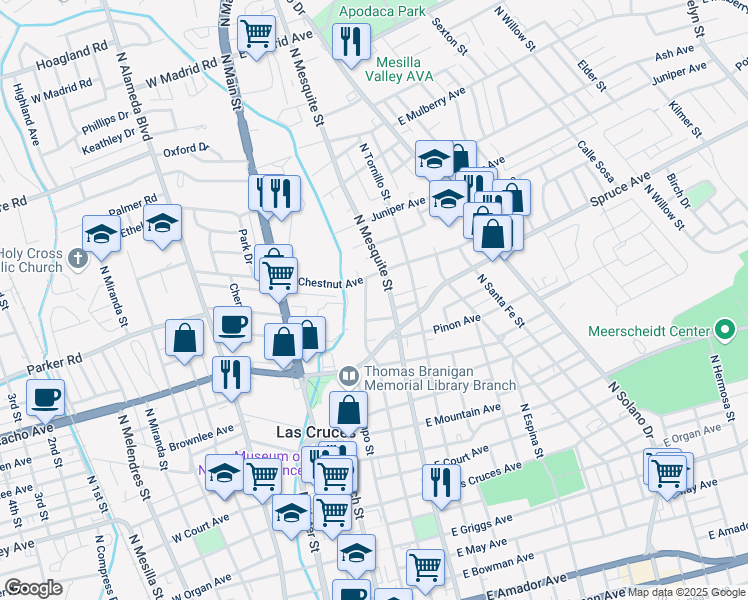 map of restaurants, bars, coffee shops, grocery stores, and more near 1128 North Campo Street in Las Cruces