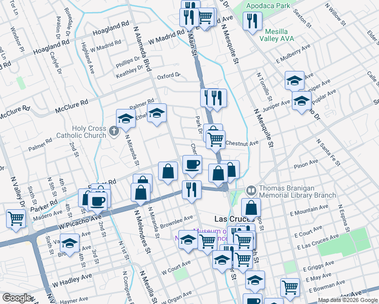 map of restaurants, bars, coffee shops, grocery stores, and more near 222 West Greening Avenue in Las Cruces